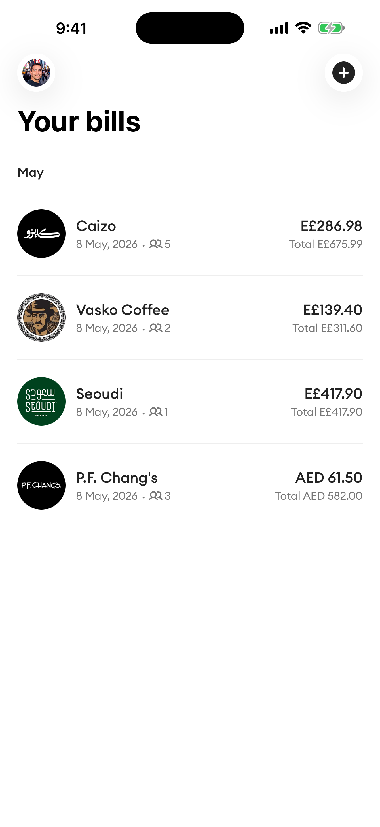 Tangerine home tab listing past bills with totals and dates
