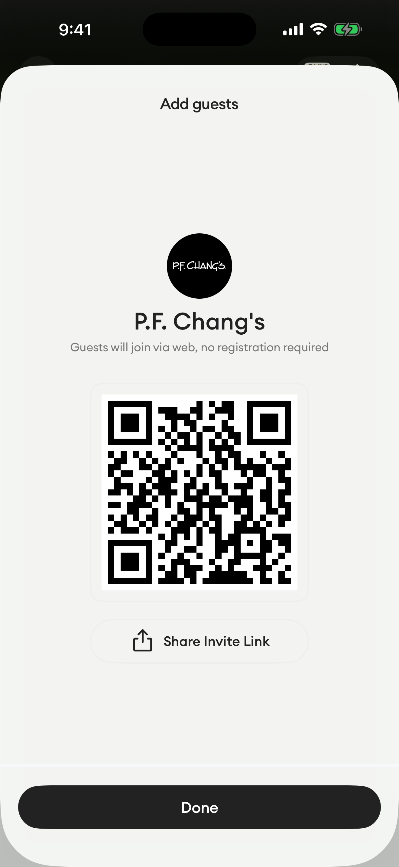 Add guests sheet with QR code and Share Invite Link button